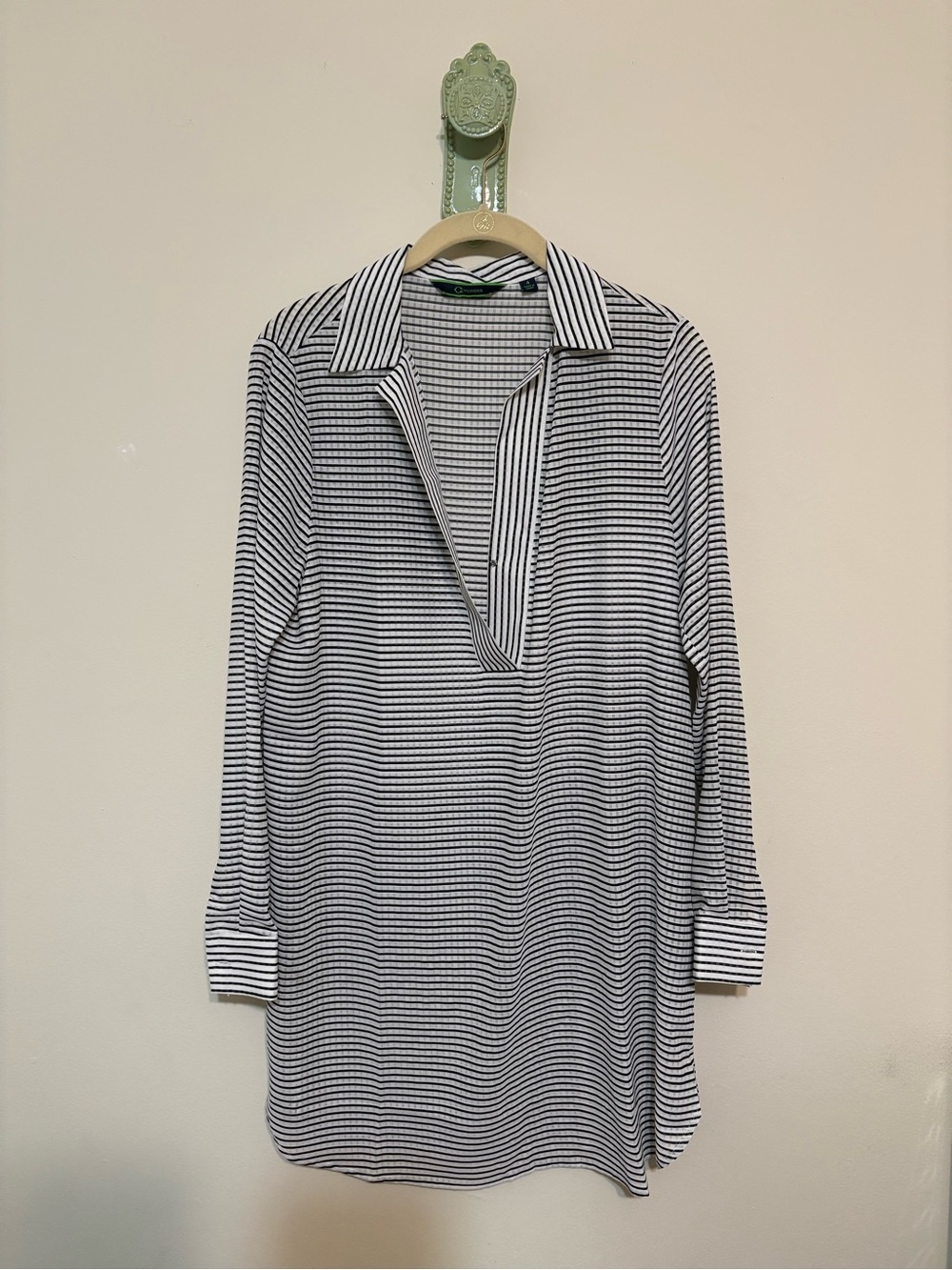 C Wonder Tunic Shirt Dress Striped Open Collar Cuffs Menswear Inspired
